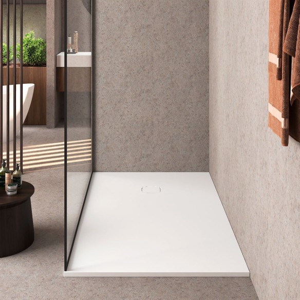 Plato de ducha PERSEO Solid Surface blanco con válvula Ø90